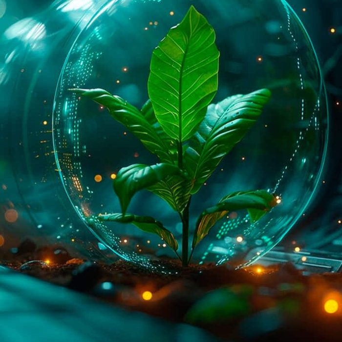Planta verde en esfera de cristal futurista